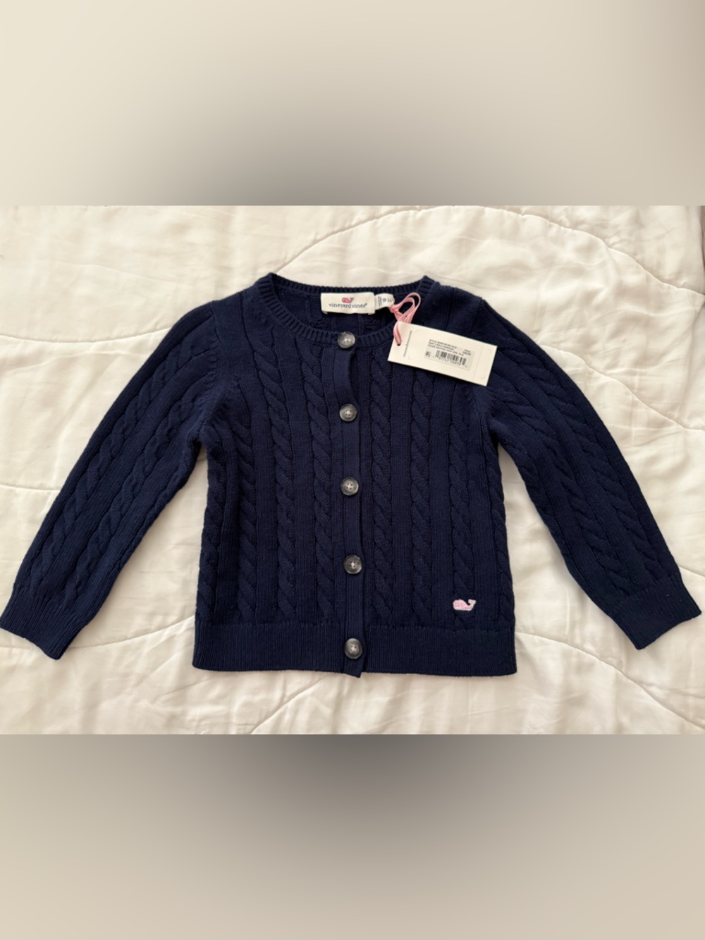 BABY/TODDLER Vineyard Vines Navy Cable-Knit Cardigan with Pink Whale Logo